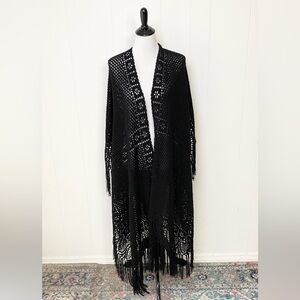 Handmade Shawl Black Crochet Wrap Fringe Chunky Boho Hippie Festival Cottagecore